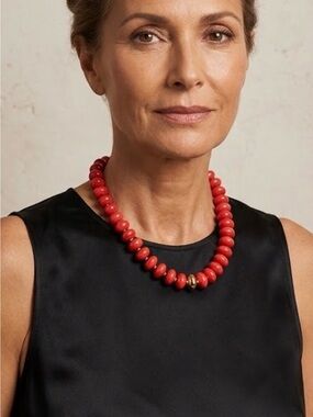 Red Coral Style Resin Rondel Beaded Necklace Gold Tone Statement Chunky